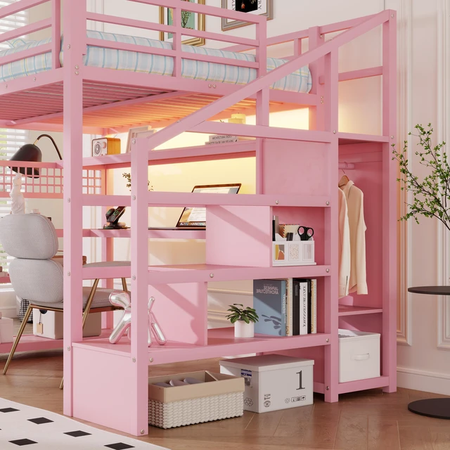 Alt view image 5 of 7 - Full Size Loft Bed with Staircase and Wardrobe, Metal Loft Bed with Desk, Storage Shelves, LED Lights and Charge Station, Pink