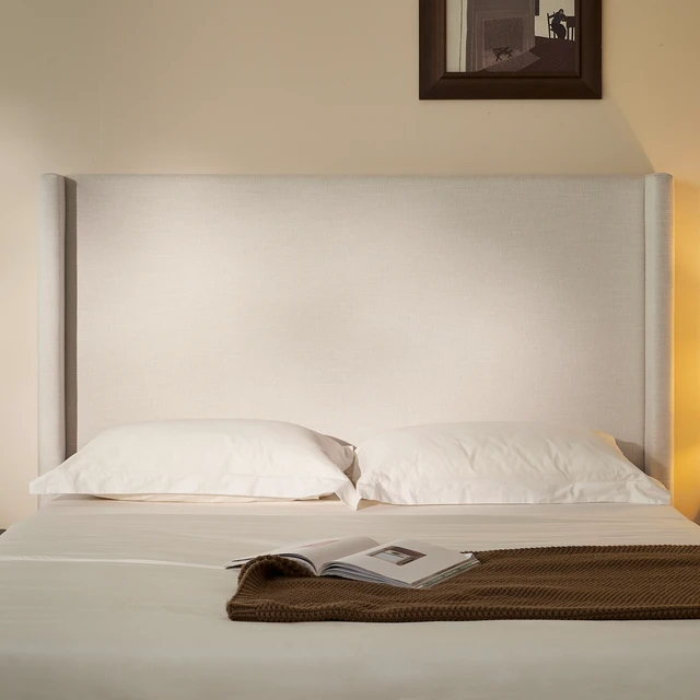 Alt view image 3 of 7 - Hosford Upholstered Wingback Bed / Upholstered Wood Base Platform Bed / 52.5" High Headboard / Minimalist / Rusticity / No Box Spring Needed / California King / Textured Ivory Canvas / No Noise
