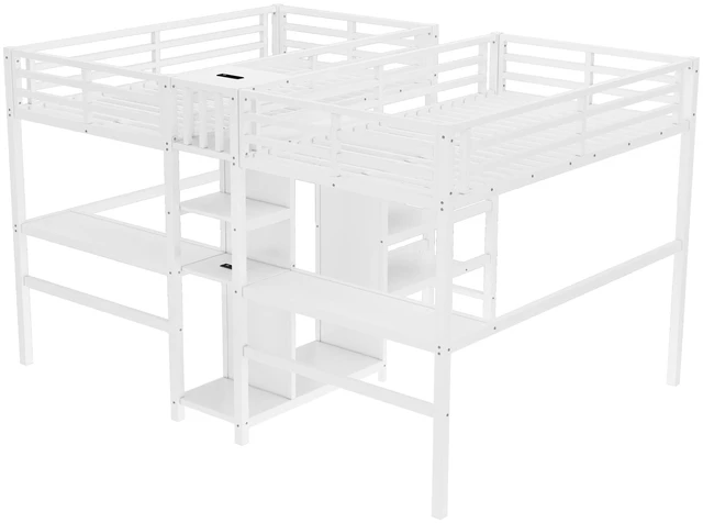 Alt view image 7 of 7 - Twin Over Twin Metal Loft Bed with Double Desk and Wardrobe and Shelves with Electrical Outlet for Space Saving and Noise Reduction,White