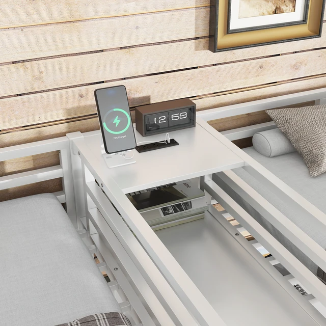 Alt view image 5 of 7 - Twin Over Twin Metal Loft Bed with Double Desk and Wardrobe and Shelves with Electrical Outlet for Space Saving and Noise Reduction,White