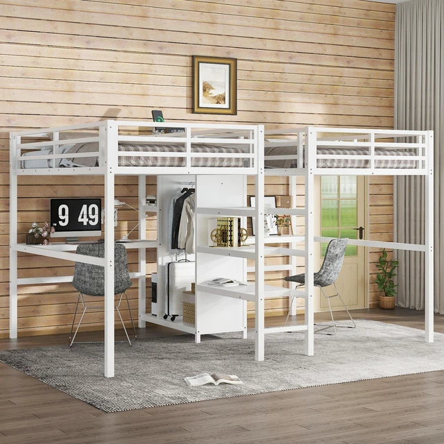 Main image of Twin Over Twin Metal Loft Bed with Double Desk and Wardrobe and Shelves with Electrical Outlet for Space Saving and Noise Reduction,White