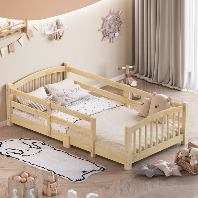 Alt view image 3 of 7 - Twin Montessori Floor Bed with Slats and Safety Guardrails, Solid Wood Floor Bed with Fence and Without Door, Easy Assemble Montessori Bed for Girls and Boys, Natural