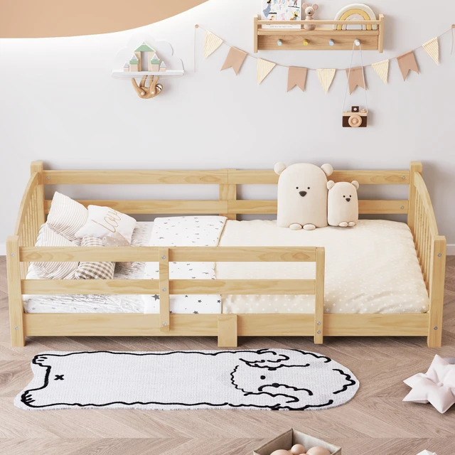 Main image of Twin Montessori Floor Bed with Slats and Safety Guardrails, Solid Wood Floor Bed with Fence and Without Door, Easy Assemble Montessori Bed for Girls and Boys, Natural