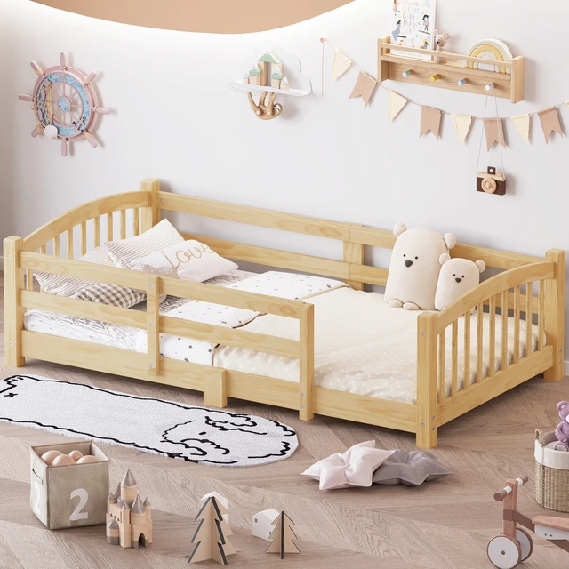 Alt view image 2 of 7 - Twin Montessori Floor Bed with Slats and Safety Guardrails, Solid Wood Floor Bed with Fence and Without Door, Easy Assemble Montessori Bed for Girls and Boys, Natural