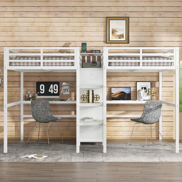 Alt view image 2 of 7 - Twin Over Twin Metal Loft Bed with Double Desk and Wardrobe and Shelves with Electrical Outlet for Space Saving and Noise Reduction,White