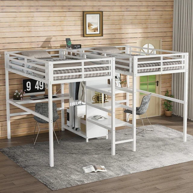 Alt view image 3 of 7 - Twin Over Twin Metal Loft Bed with Double Desk and Wardrobe and Shelves with Electrical Outlet for Space Saving and Noise Reduction,White