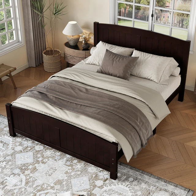 Alt view image 2 of 7 - Queen Size Platform Bed, Solid Wood Platform Bed with Support Slats and Strong Structure, No Box Spring Needed, Espresso