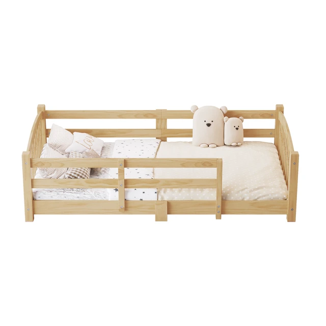 Alt view image 7 of 7 - Twin Montessori Floor Bed with Slats and Safety Guardrails, Solid Wood Floor Bed with Fence and Without Door, Easy Assemble Montessori Bed for Girls and Boys, Natural