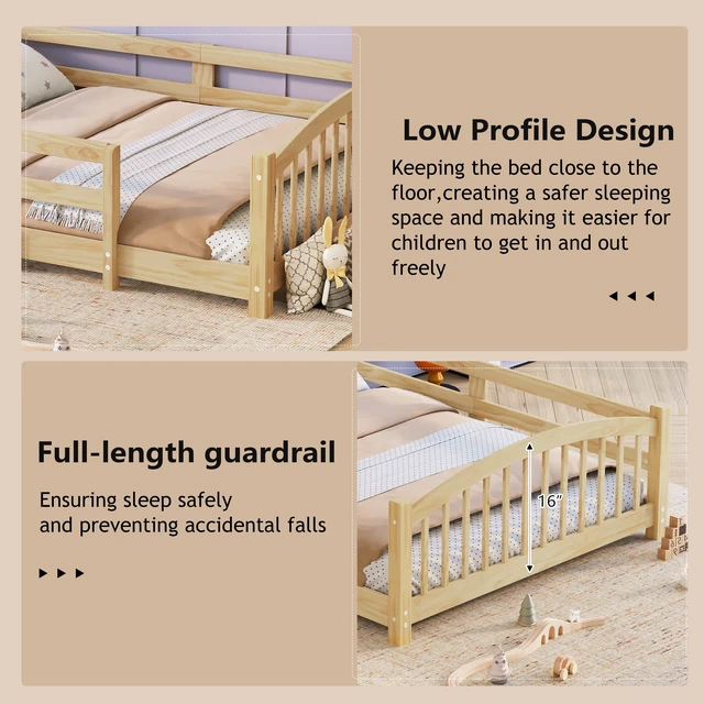 Alt view image 5 of 7 - Twin Montessori Floor Bed with Slats and Safety Guardrails, Solid Wood Floor Bed with Fence and Without Door, Easy Assemble Montessori Bed for Girls and Boys, Natural
