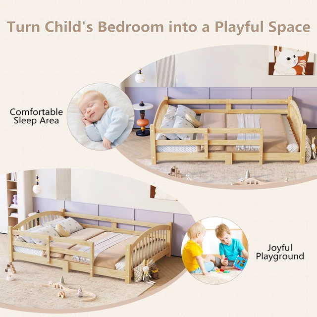 Alt view image 6 of 7 - Twin Montessori Floor Bed with Slats and Safety Guardrails, Solid Wood Floor Bed with Fence and Without Door, Easy Assemble Montessori Bed for Girls and Boys, Natural