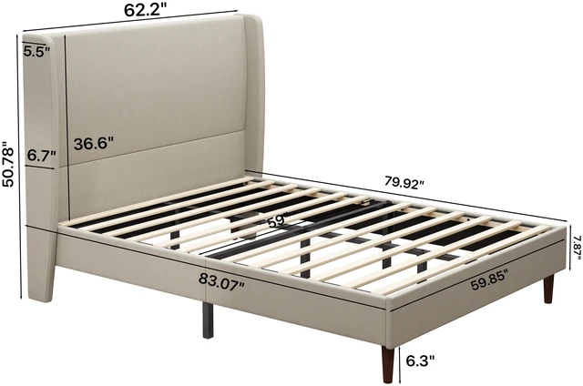 Alt view image 2 of 5 - High Headboard Upholstered Bed, Queen Size Bed Frame, 12-Slat Support, Easy to Assemble, Beige, Linen Cloth, No Box Spring Needed