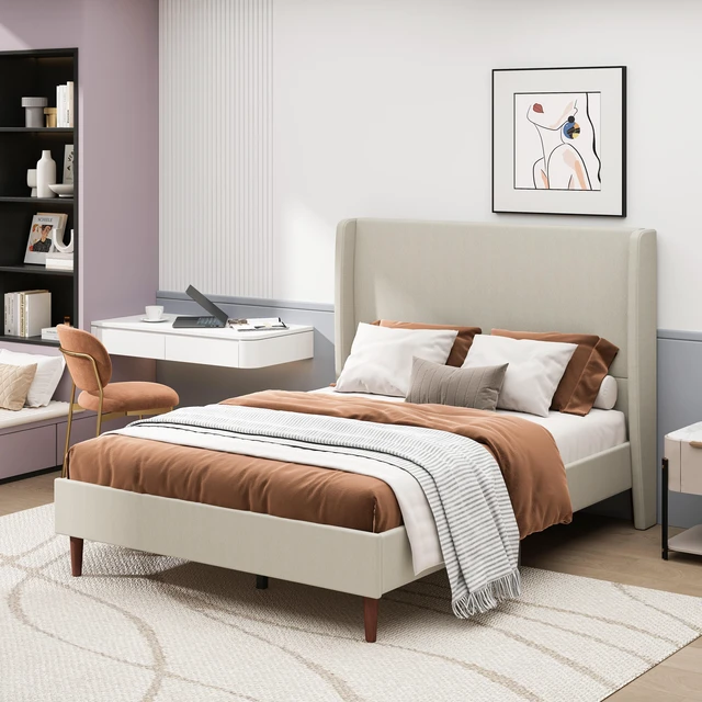 Main image of High Headboard Upholstered Bed, Queen Size Bed Frame, 12-Slat Support, Easy to Assemble, Beige, Linen Cloth, No Box Spring Needed