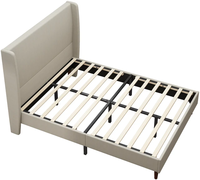 Alt view image 3 of 5 - High Headboard Upholstered Bed, Queen Size Bed Frame, 12-Slat Support, Easy to Assemble, Beige, Linen Cloth, No Box Spring Needed