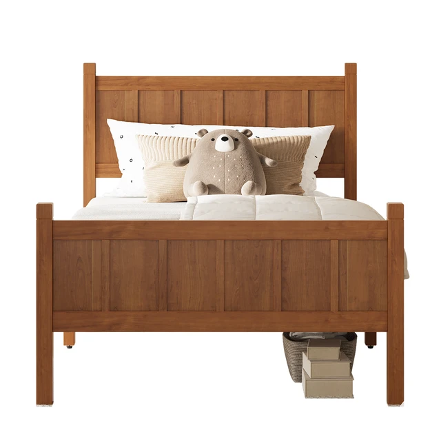 Alt view image 7 of 7 - Twin Size Flat Panel Bed with Headboard & Footboard, Minimalist Modern Platform Bed with Wood Grain Finish, Shaker and Farmhouse Style Design, Sleek and Functional Bedroom Furniture,Light Walnut