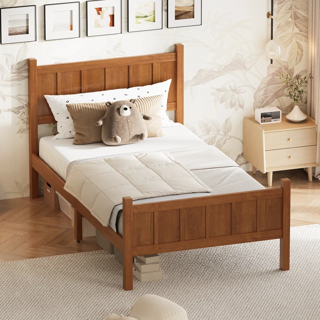 Alt view image 3 of 7 - Twin Size Flat Panel Bed with Headboard & Footboard, Minimalist Modern Platform Bed with Wood Grain Finish, Shaker and Farmhouse Style Design, Sleek and Functional Bedroom Furniture,Light Walnut