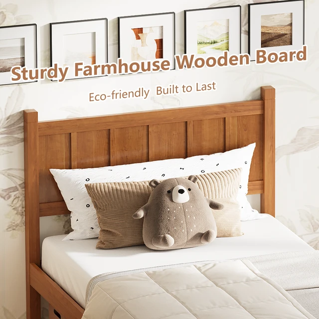Alt view image 4 of 7 - Twin Size Flat Panel Bed with Headboard & Footboard, Minimalist Modern Platform Bed with Wood Grain Finish, Shaker and Farmhouse Style Design, Sleek and Functional Bedroom Furniture,Light Walnut