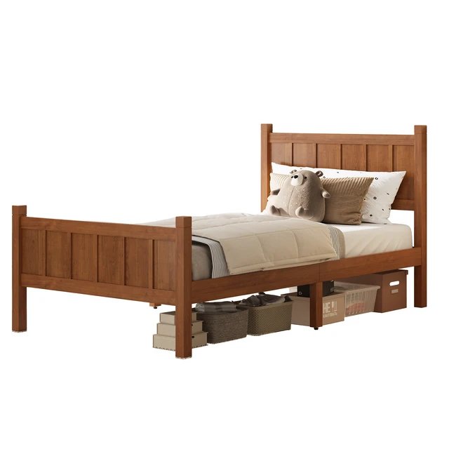 Alt view image 6 of 7 - Twin Size Flat Panel Bed with Headboard & Footboard, Minimalist Modern Platform Bed with Wood Grain Finish, Shaker and Farmhouse Style Design, Sleek and Functional Bedroom Furniture,Light Walnut