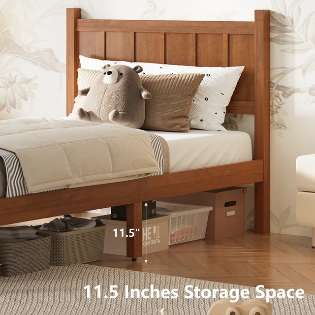 Alt view image 5 of 7 - Twin Size Flat Panel Bed with Headboard & Footboard, Minimalist Modern Platform Bed with Wood Grain Finish, Shaker and Farmhouse Style Design, Sleek and Functional Bedroom Furniture,Light Walnut