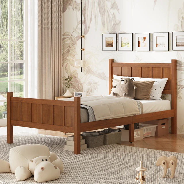 Alt view image 2 of 7 - Twin Size Flat Panel Bed with Headboard & Footboard, Minimalist Modern Platform Bed with Wood Grain Finish, Shaker and Farmhouse Style Design, Sleek and Functional Bedroom Furniture,Light Walnut