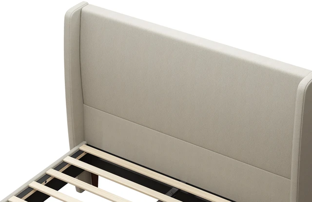 Alt view image 4 of 5 - High Headboard Upholstered Bed, Queen Size Bed Frame, 12-Slat Support, Easy to Assemble, Beige, Linen Cloth, No Box Spring Needed