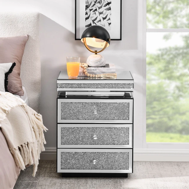 Alt view image 2 of 7 - Mirrored Nightstand with 3 Drawers, Silver Nightstand with Crystal Inlay, Mirror End Table, Modern Bedside Table, Glass Table for Bedroom, 13.8''W x 17.7" L x 23.6" H