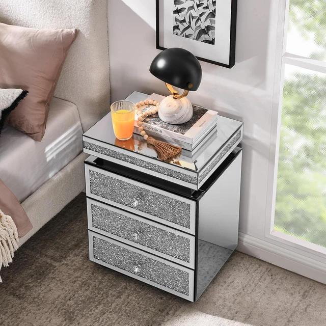 Alt view image 3 of 7 - Mirrored Nightstand with 3 Drawers, Silver Nightstand with Crystal Inlay, Mirror End Table, Modern Bedside Table, Glass Table for Bedroom, 13.8''W x 17.7" L x 23.6" H