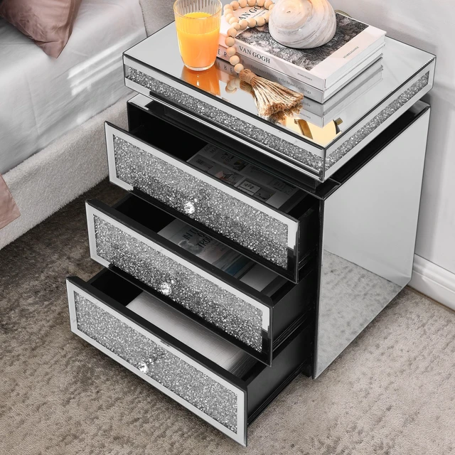 Alt view image 4 of 7 - Mirrored Nightstand with 3 Drawers, Silver Nightstand with Crystal Inlay, Mirror End Table, Modern Bedside Table, Glass Table for Bedroom, 13.8''W x 17.7" L x 23.6" H