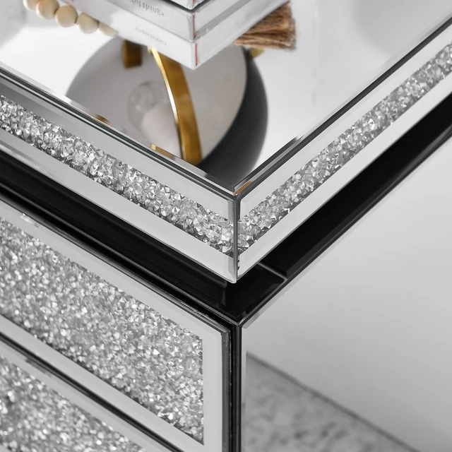 Alt view image 5 of 7 - Mirrored Nightstand with 3 Drawers, Silver Nightstand with Crystal Inlay, Mirror End Table, Modern Bedside Table, Glass Table for Bedroom, 13.8''W x 17.7" L x 23.6" H
