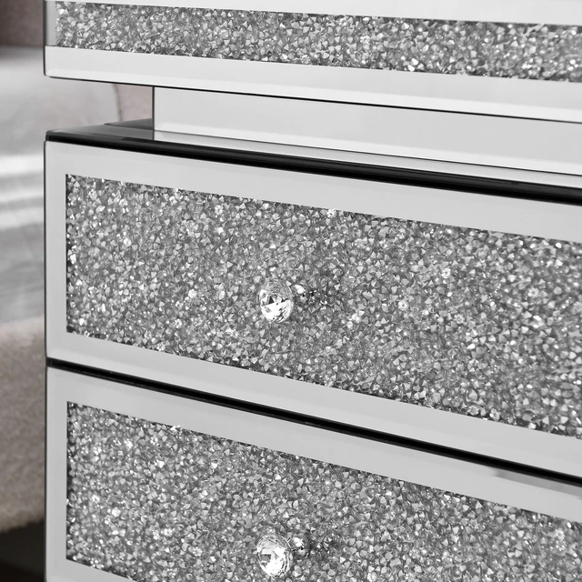 Alt view image 6 of 7 - Mirrored Nightstand with 3 Drawers, Silver Nightstand with Crystal Inlay, Mirror End Table, Modern Bedside Table, Glass Table for Bedroom, 13.8''W x 17.7" L x 23.6" H