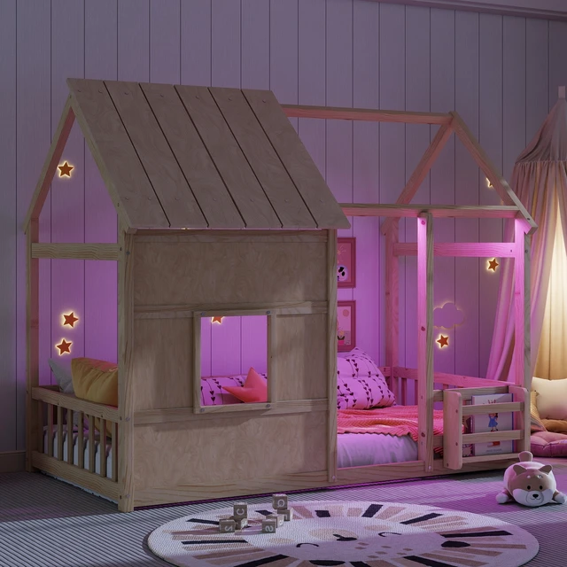 Alt view image 2 of 7 - Twin Size House Floor Bed With 7 Colors LED Light of Natural Color