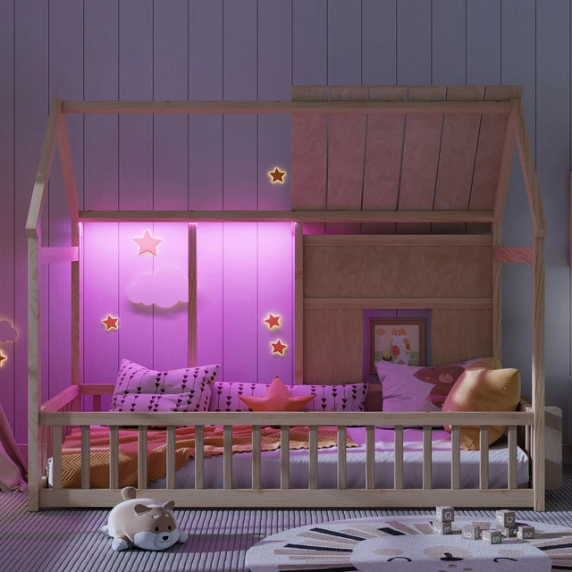 Alt view image 4 of 7 - Twin Size House Floor Bed With 7 Colors LED Light of Natural Color