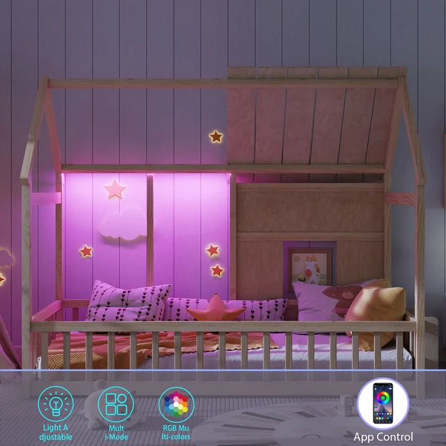 Alt view image 5 of 7 - Twin Size House Floor Bed With 7 Colors LED Light of Natural Color
