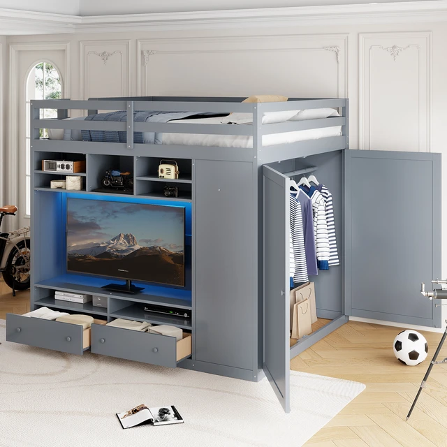 Alt view image 2 of 7 - Full size Loft Bed with Drawers, Shelves and Light - Gray