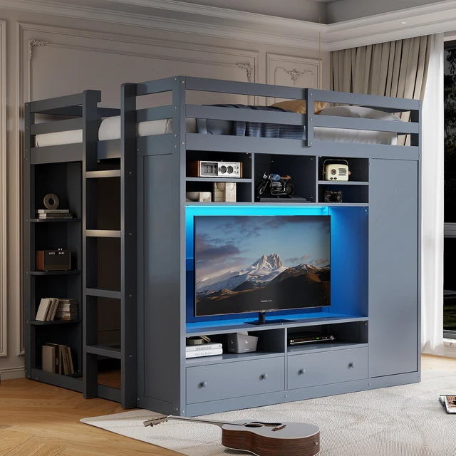 Main image of Full size Loft Bed with Drawers, Shelves and Light - Gray