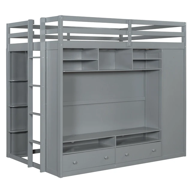 Alt view image 6 of 7 - Full size Loft Bed with Drawers, Shelves and Light - Gray