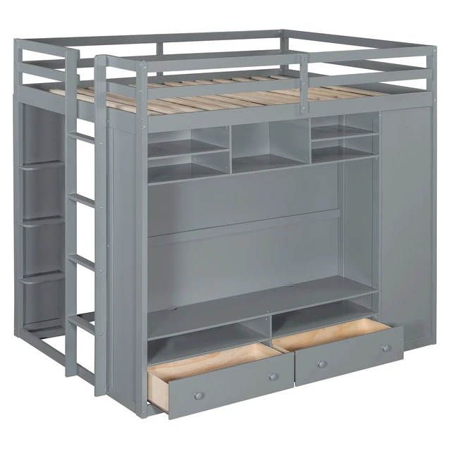 Alt view image 4 of 7 - Full size Loft Bed with Drawers, Shelves and Light - Gray