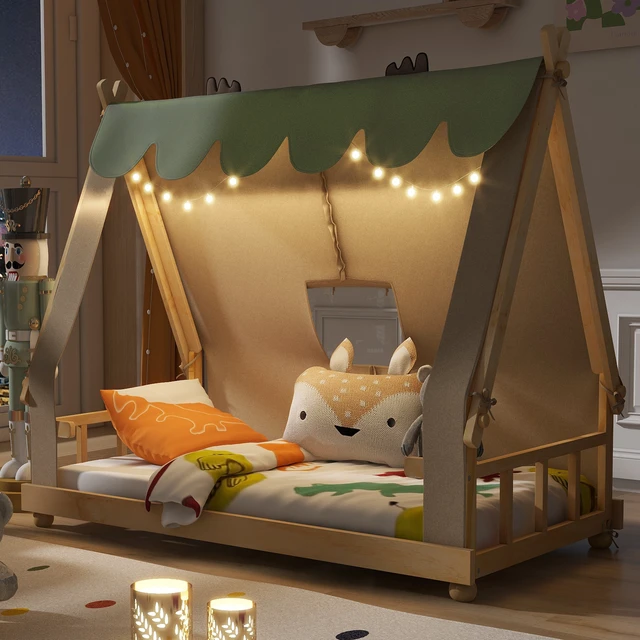 Alt view image 3 of 7 - Twin Size House Bed with Tent and Light,White