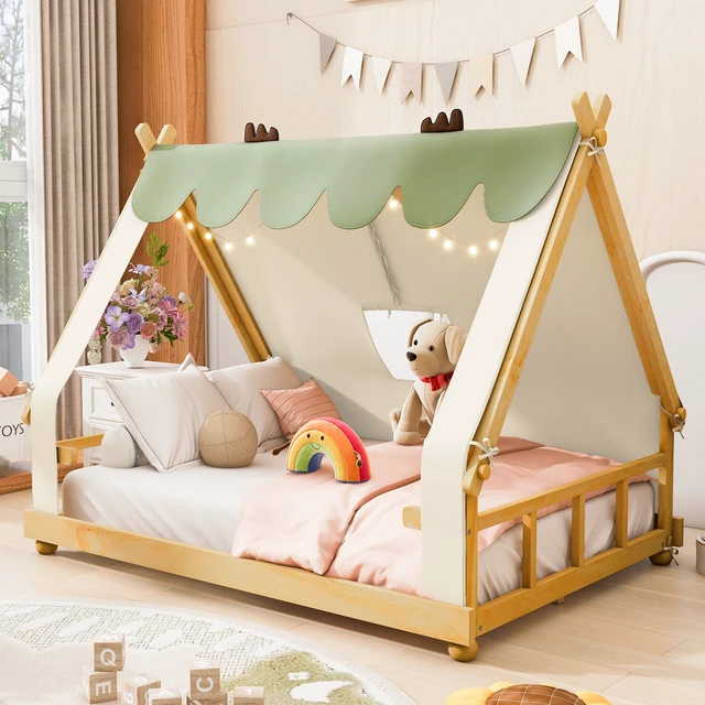 Alt view image 2 of 7 - Full Size House Bed with Tent and Light,White