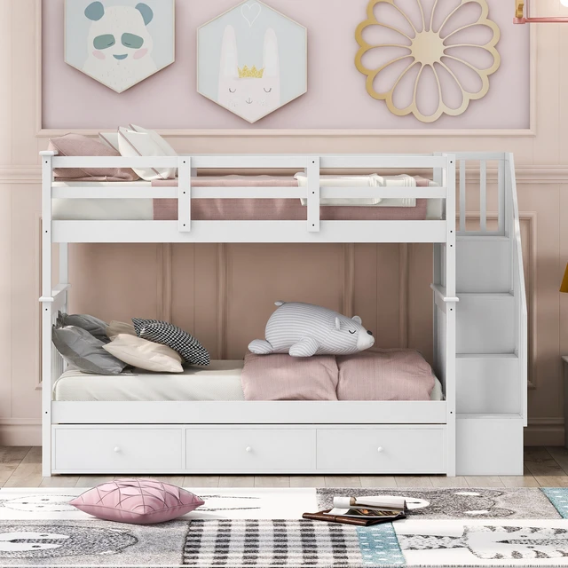 Alt view image 2 of 7 - Stairway Twin-Over-Twin Bunk Bed with Three Drawers for Bedroom, Dorm - White