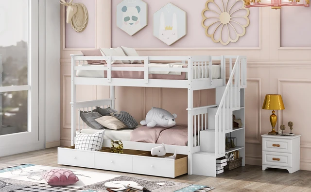 Alt view image 3 of 7 - Stairway Twin-Over-Twin Bunk Bed with Three Drawers for Bedroom, Dorm - White
