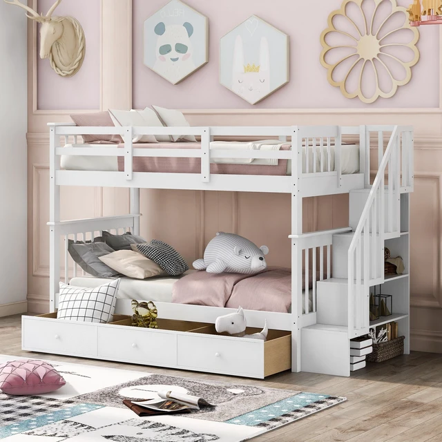 Main image of Stairway Twin-Over-Twin Bunk Bed with Three Drawers for Bedroom, Dorm - White