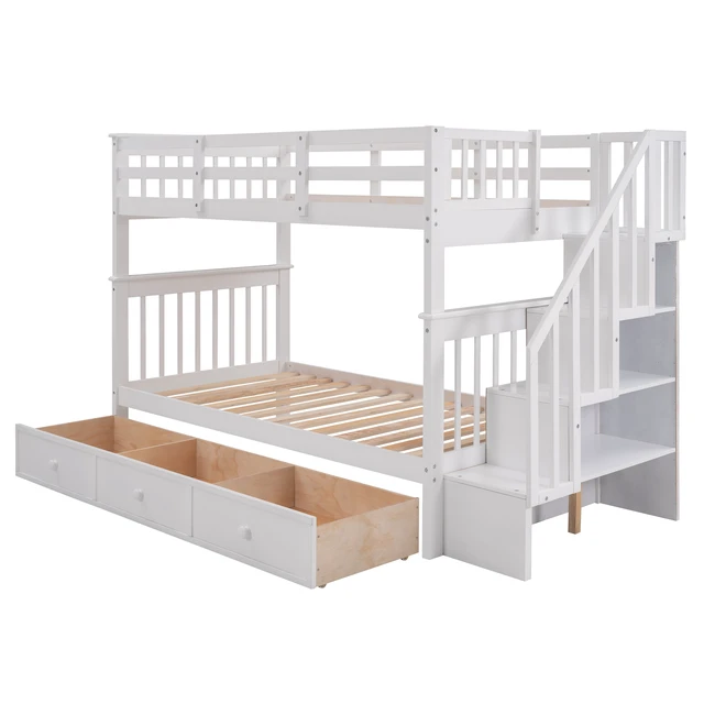 Alt view image 5 of 7 - Stairway Twin-Over-Twin Bunk Bed with Three Drawers for Bedroom, Dorm - White