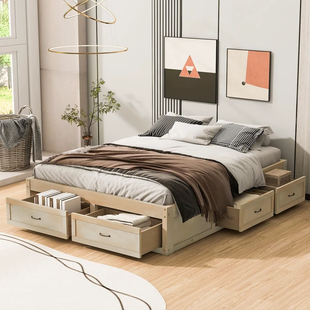 Main image of Queen Size Platform Bed with 6 Storage Drawers, Antique Natural