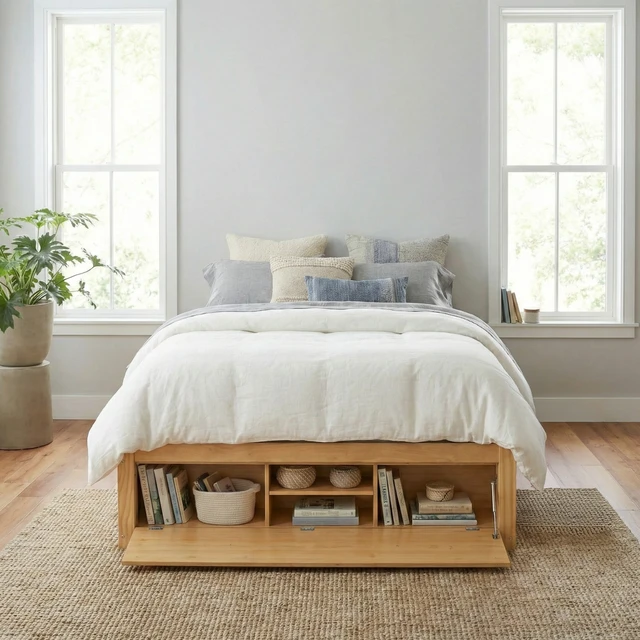 Alt view image 2 of 7 - Queen Size Platform Bed Frame with 4 Storage Drawers and Hydraulic Lift Footboard Storage, No Headboard, Modern Space-Saving Design-Natural