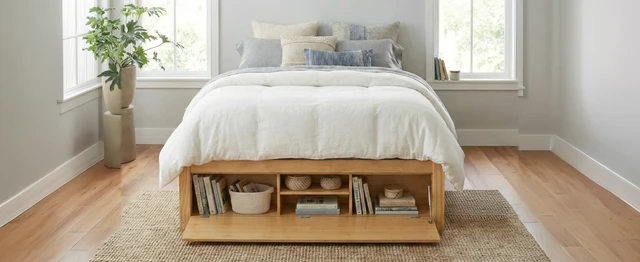 Alt view image 5 of 7 - Queen Size Platform Bed Frame with 4 Storage Drawers and Hydraulic Lift Footboard Storage, No Headboard, Modern Space-Saving Design-Natural