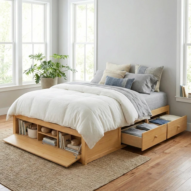 Main image of Queen Size Platform Bed Frame with 4 Storage Drawers and Hydraulic Lift Footboard Storage, No Headboard, Modern Space-Saving Design-Natural
