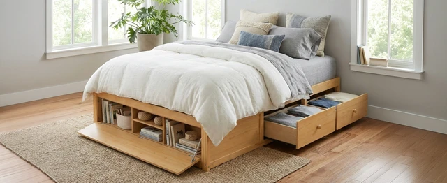 Alt view image 4 of 7 - Queen Size Platform Bed Frame with 4 Storage Drawers and Hydraulic Lift Footboard Storage, No Headboard, Modern Space-Saving Design-Natural