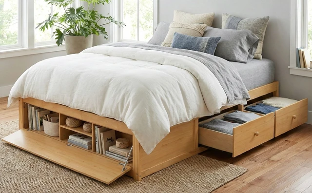Alt view image 3 of 7 - Queen Size Platform Bed Frame with 4 Storage Drawers and Hydraulic Lift Footboard Storage, No Headboard, Modern Space-Saving Design-Natural