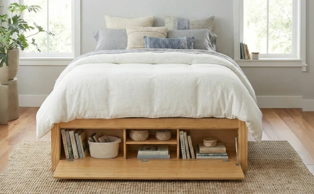 Alt view image 6 of 7 - Queen Size Platform Bed Frame with 4 Storage Drawers and Hydraulic Lift Footboard Storage, No Headboard, Modern Space-Saving Design-Natural