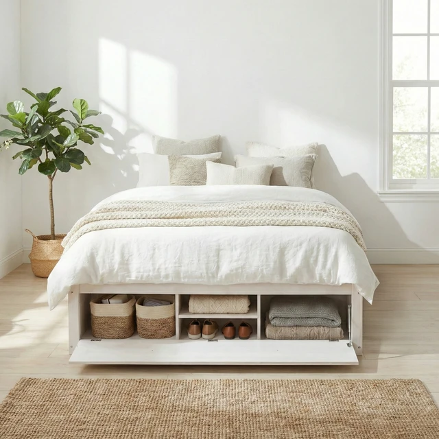 Alt view image 2 of 7 - Queen Size Platform Bed Frame with 4 Storage Drawers and Hydraulic Lift Footboard Storage, No Headboard, Modern Space-Saving Design-Antique White